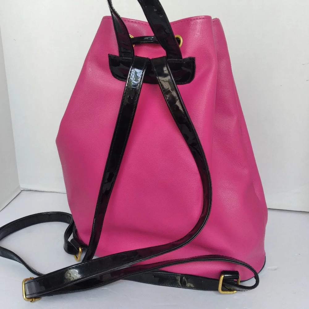 Juicy‎ Couture Hot Pink Drawstring Bucket Backpack Gold Hardware Black Straps